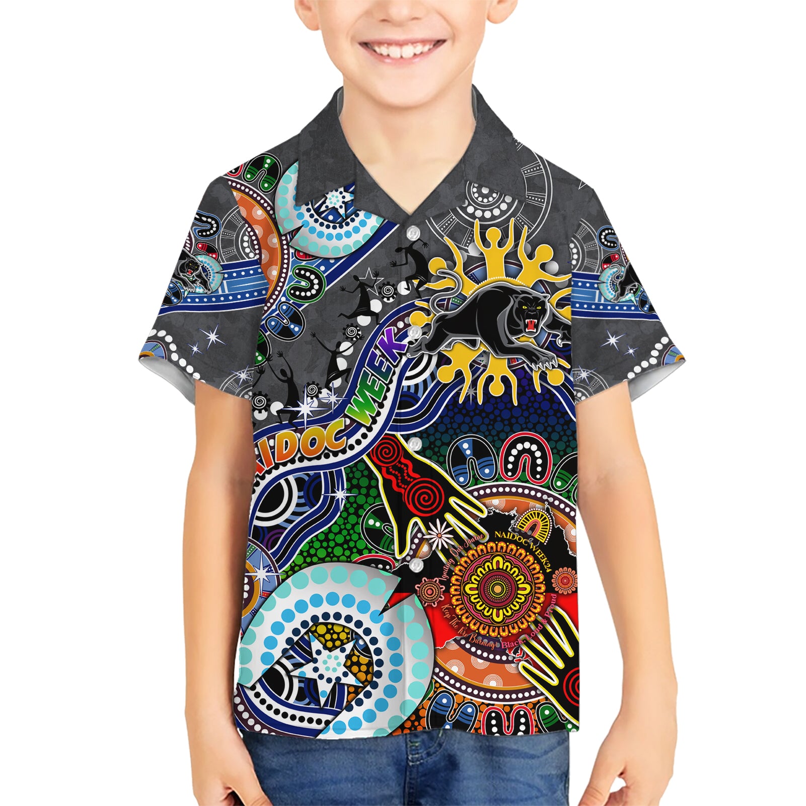 Personalised Panthers NAIDOC Week 2024 Kid Hawaiian Shirt Australia Aboriginal Dot Painting