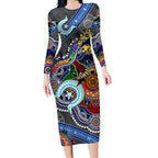 Personalised Panthers NAIDOC Week 2024 Long Sleeve Bodycon Dress Australia Aboriginal Dot Painting