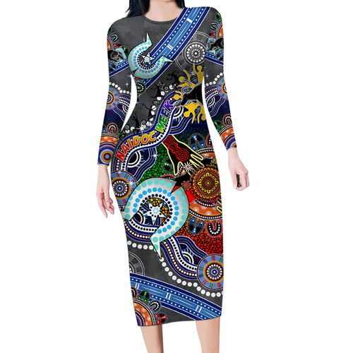 Personalised Panthers NAIDOC Week 2024 Long Sleeve Bodycon Dress Australia Aboriginal Dot Painting