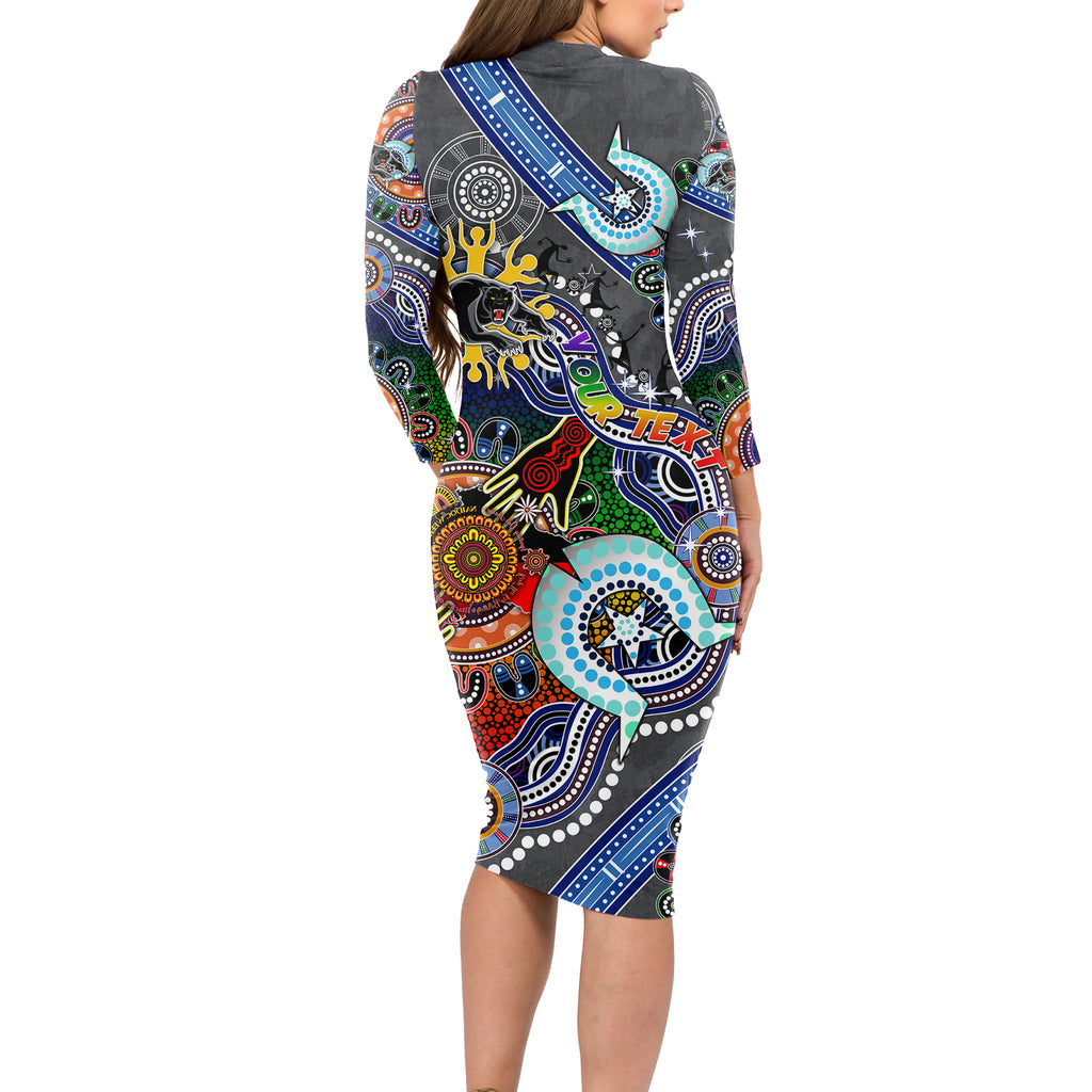 Personalised Panthers NAIDOC Week 2024 Long Sleeve Bodycon Dress Australia Aboriginal Dot Painting
