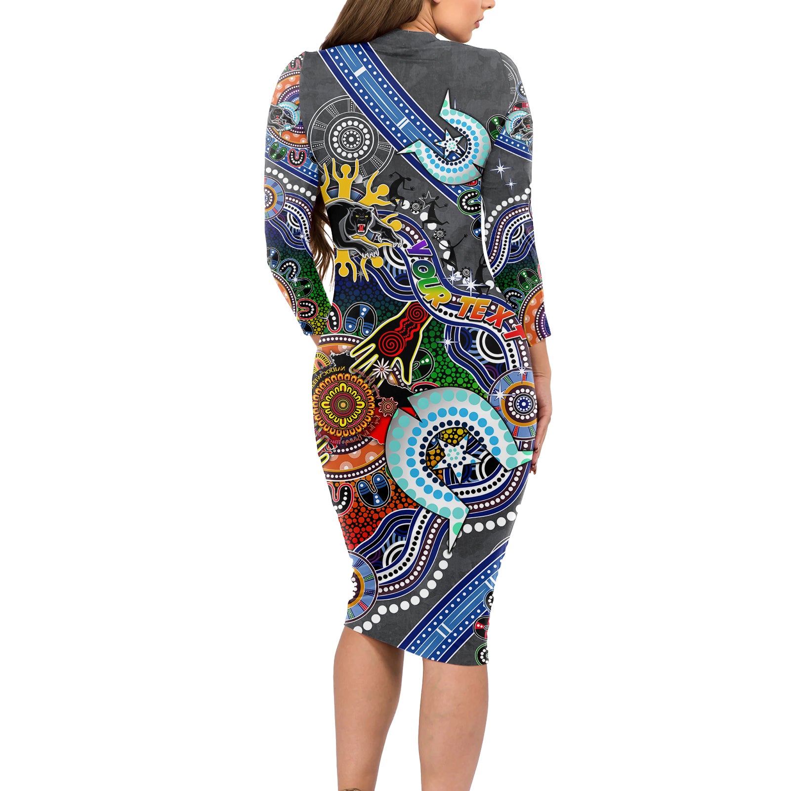 Personalised Panthers NAIDOC Week 2024 Long Sleeve Bodycon Dress Australia Aboriginal Dot Painting