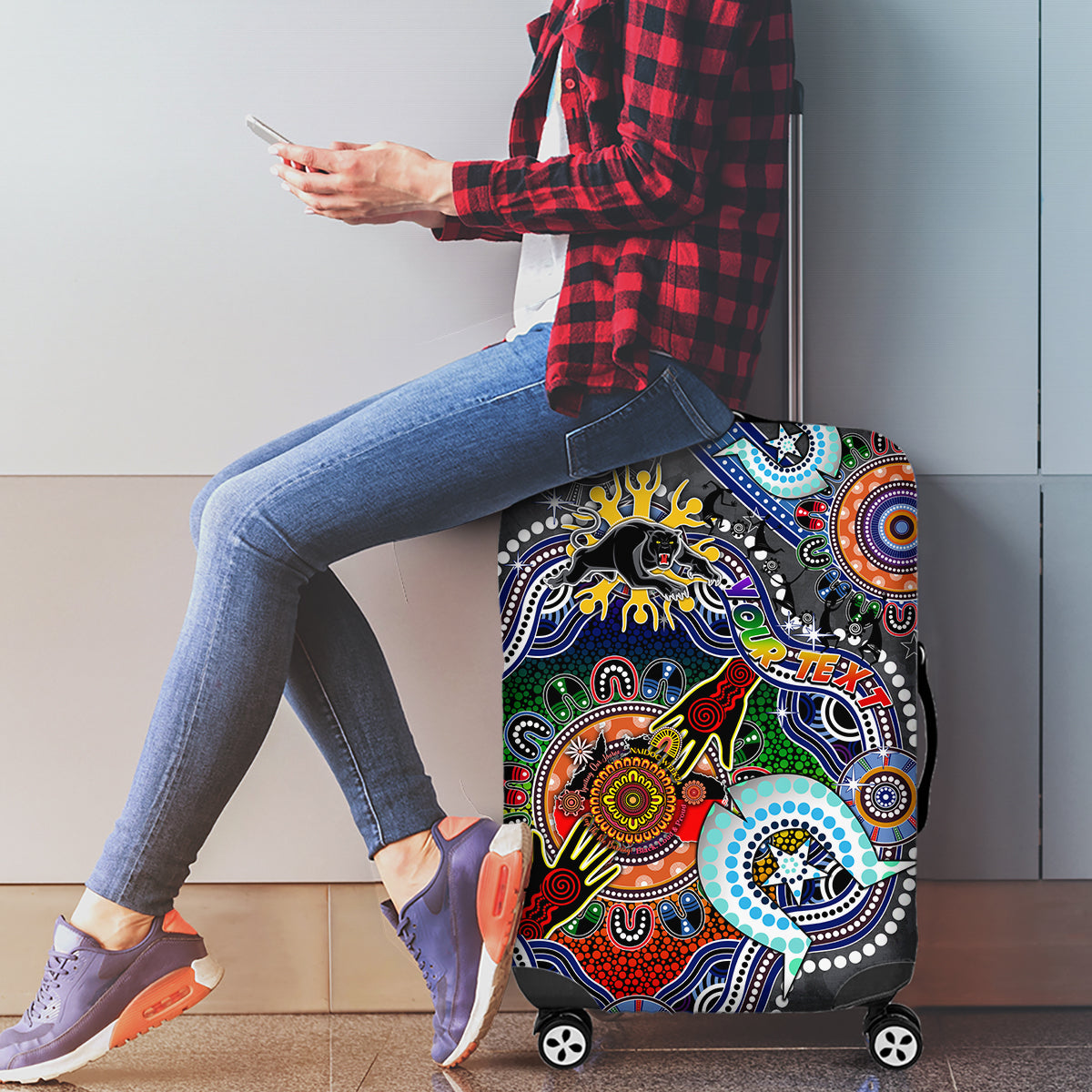 Personalised Panthers NAIDOC Week 2024 Luggage Cover Australia Aboriginal Dot Painting