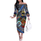 Personalised Panthers NAIDOC Week 2024 Off The Shoulder Long Sleeve Dress Australia Aboriginal Dot Painting