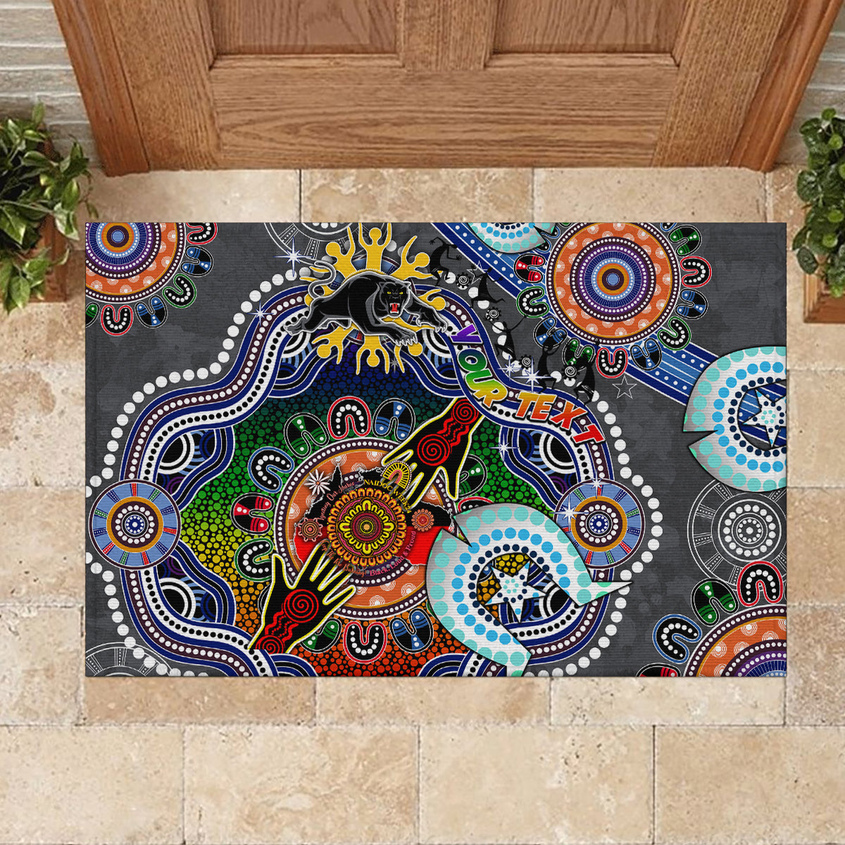 Personalised Panthers NAIDOC Week 2024 Rubber Doormat Australia Aboriginal Dot Painting