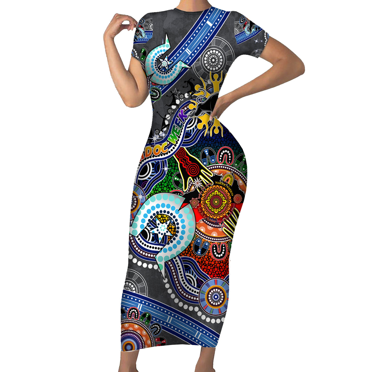 Personalised Panthers NAIDOC Week 2024 Short Sleeve Bodycon Dress Australia Aboriginal Dot Painting