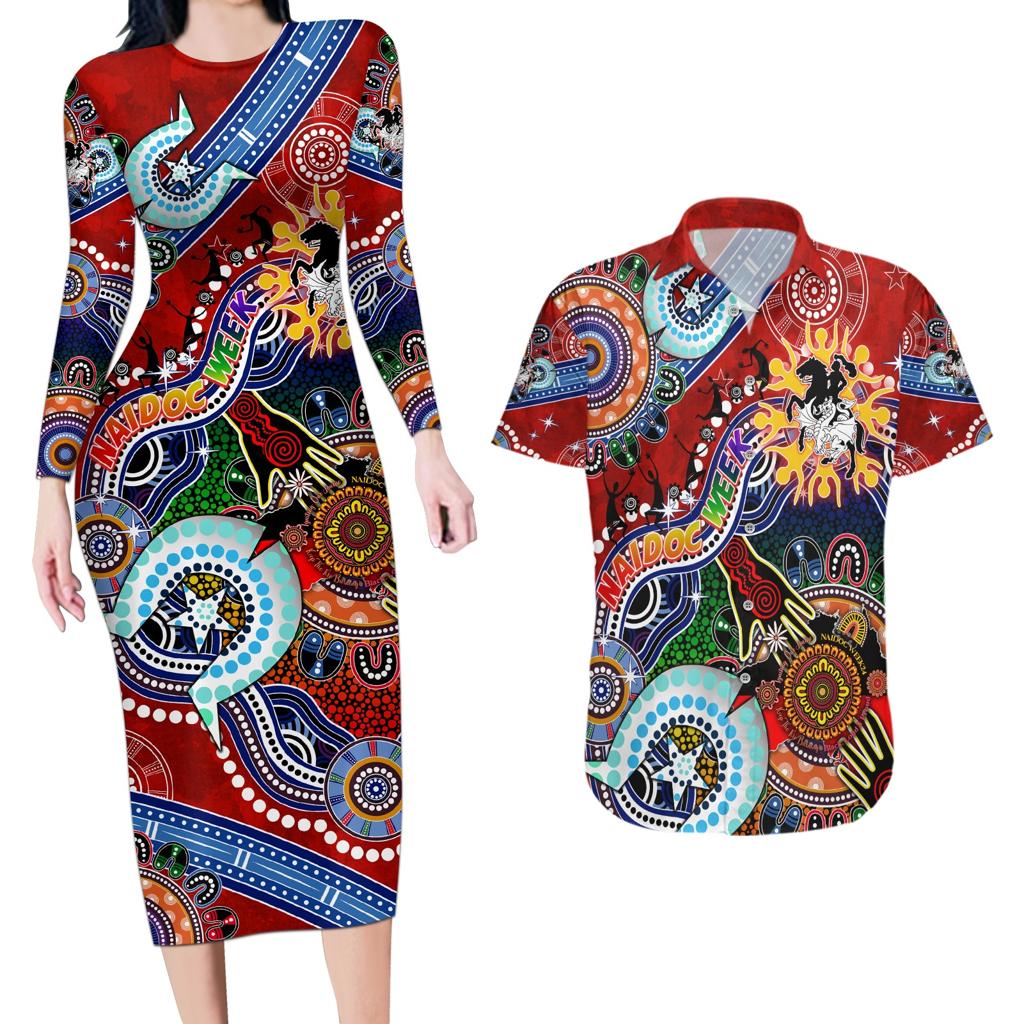 Personalised Dragons NAIDOC Week 2024 Couples Matching Long Sleeve Bodycon Dress and Hawaiian Shirt Australia Aboriginal Dot Painting
