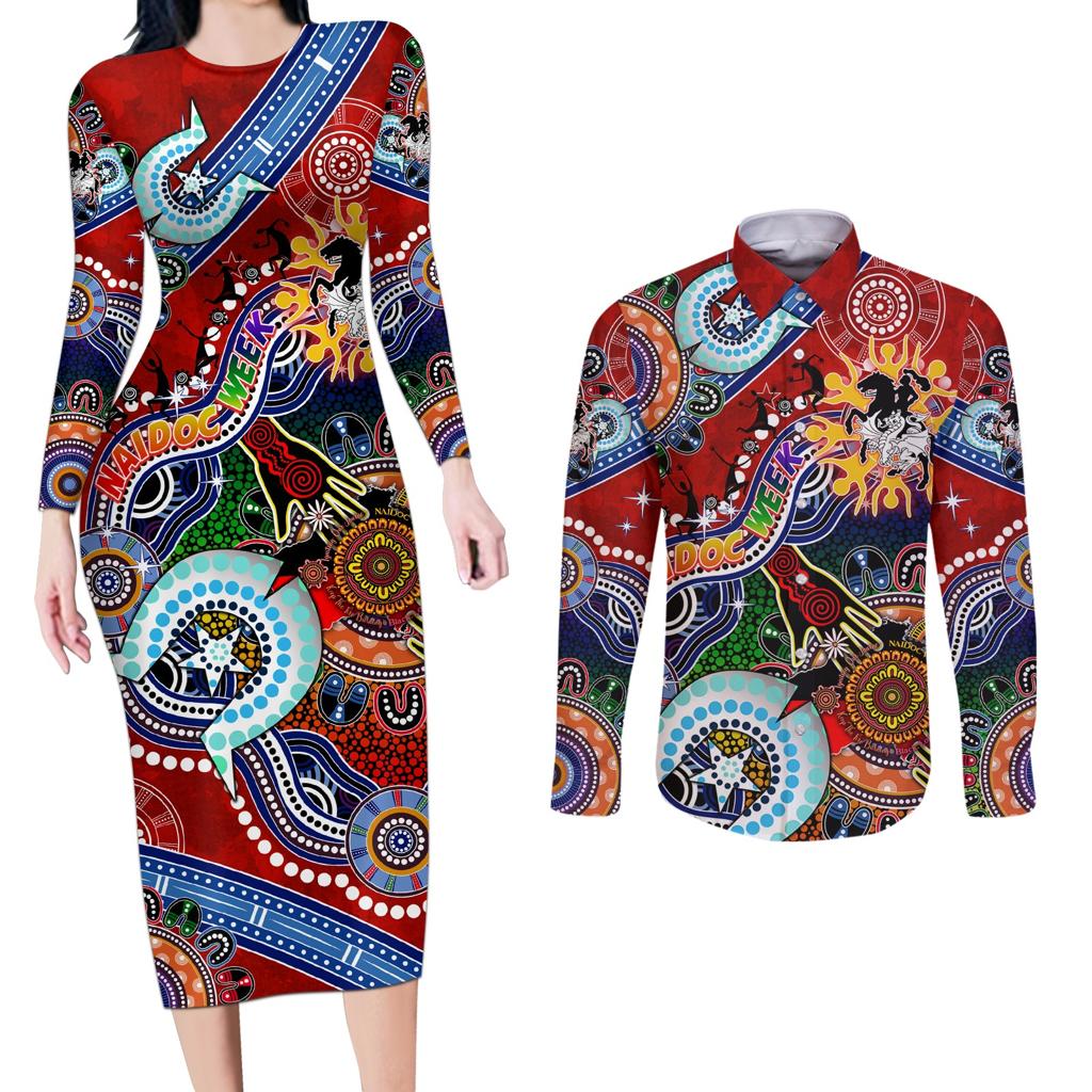 Personalised Dragons NAIDOC Week 2024 Couples Matching Long Sleeve Bodycon Dress and Long Sleeve Button Shirt Australia Aboriginal Dot Painting