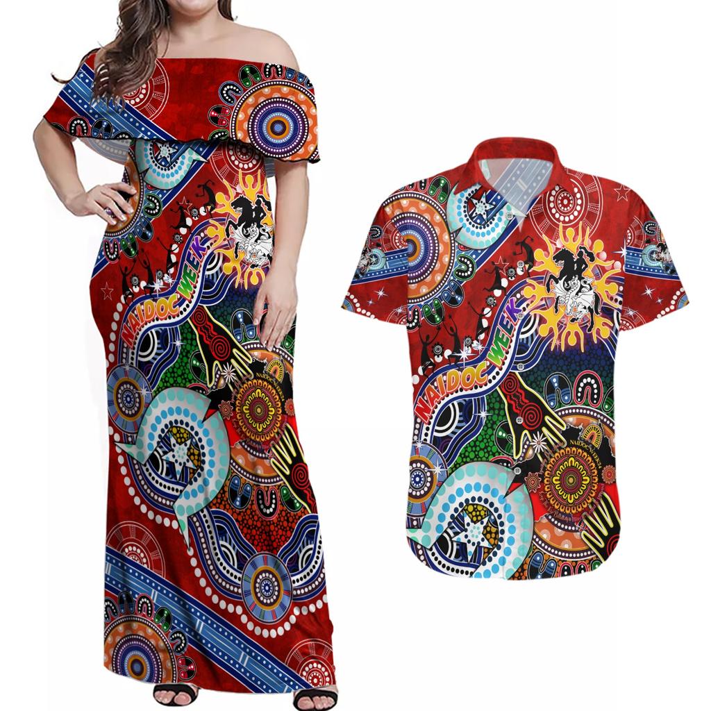 Personalised Dragons NAIDOC Week 2024 Couples Matching Off Shoulder Maxi Dress and Hawaiian Shirt Australia Aboriginal Dot Painting