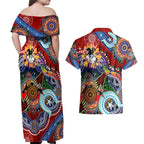 Personalised Dragons NAIDOC Week 2024 Couples Matching Off Shoulder Maxi Dress and Hawaiian Shirt Australia Aboriginal Dot Painting
