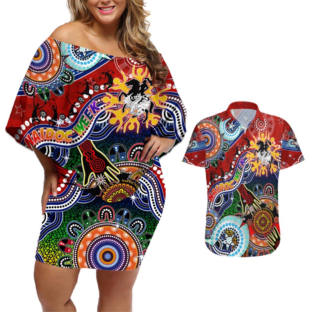 Personalised Dragons NAIDOC Week 2024 Couples Matching Off Shoulder Short Dress and Hawaiian Shirt Australia Aboriginal Dot Painting