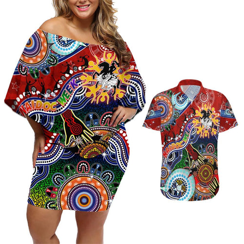 Personalised Dragons NAIDOC Week 2024 Couples Matching Off Shoulder Short Dress and Hawaiian Shirt Australia Aboriginal Dot Painting