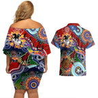 Personalised Dragons NAIDOC Week 2024 Couples Matching Off Shoulder Short Dress and Hawaiian Shirt Australia Aboriginal Dot Painting