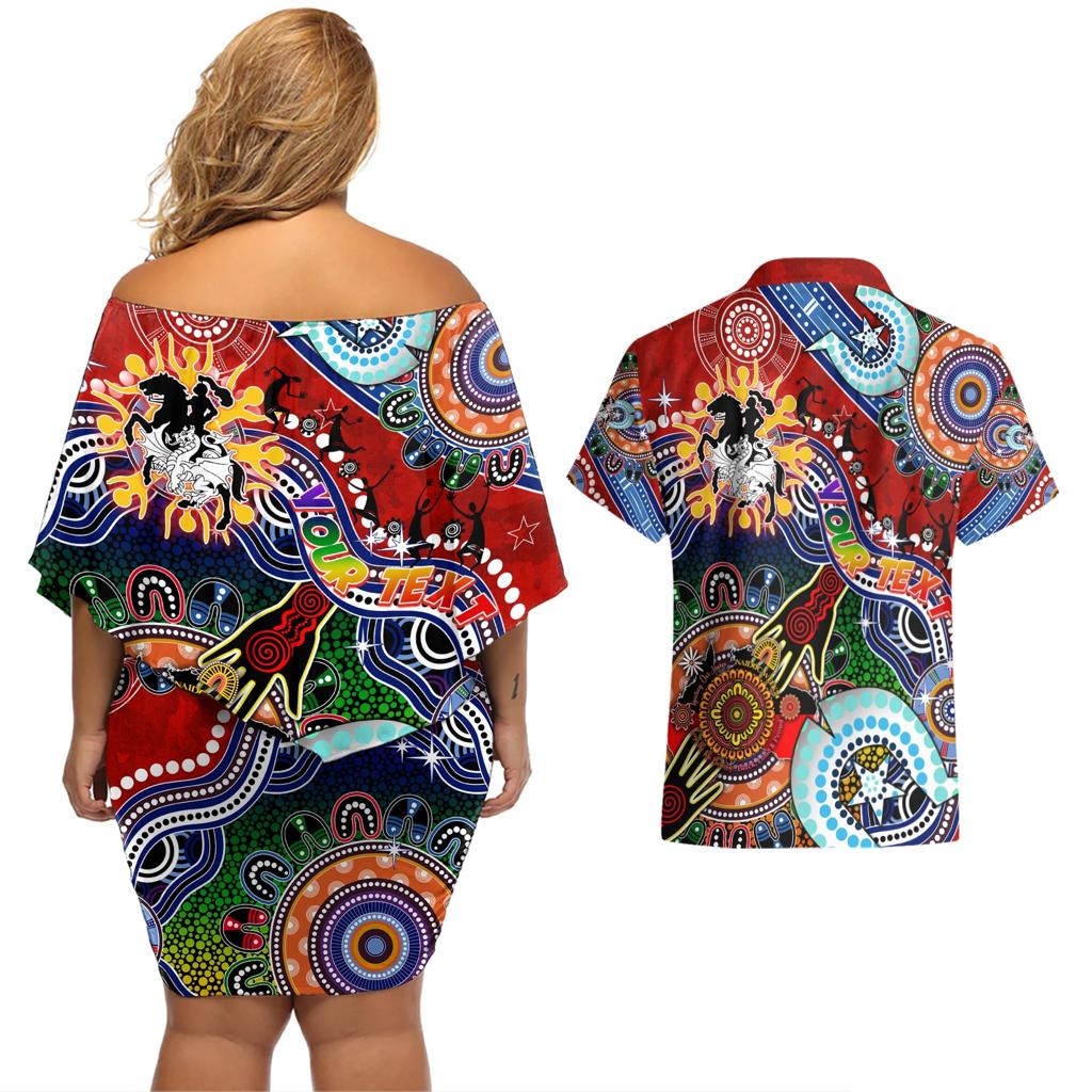 Personalised Dragons NAIDOC Week 2024 Couples Matching Off Shoulder Short Dress and Hawaiian Shirt Australia Aboriginal Dot Painting