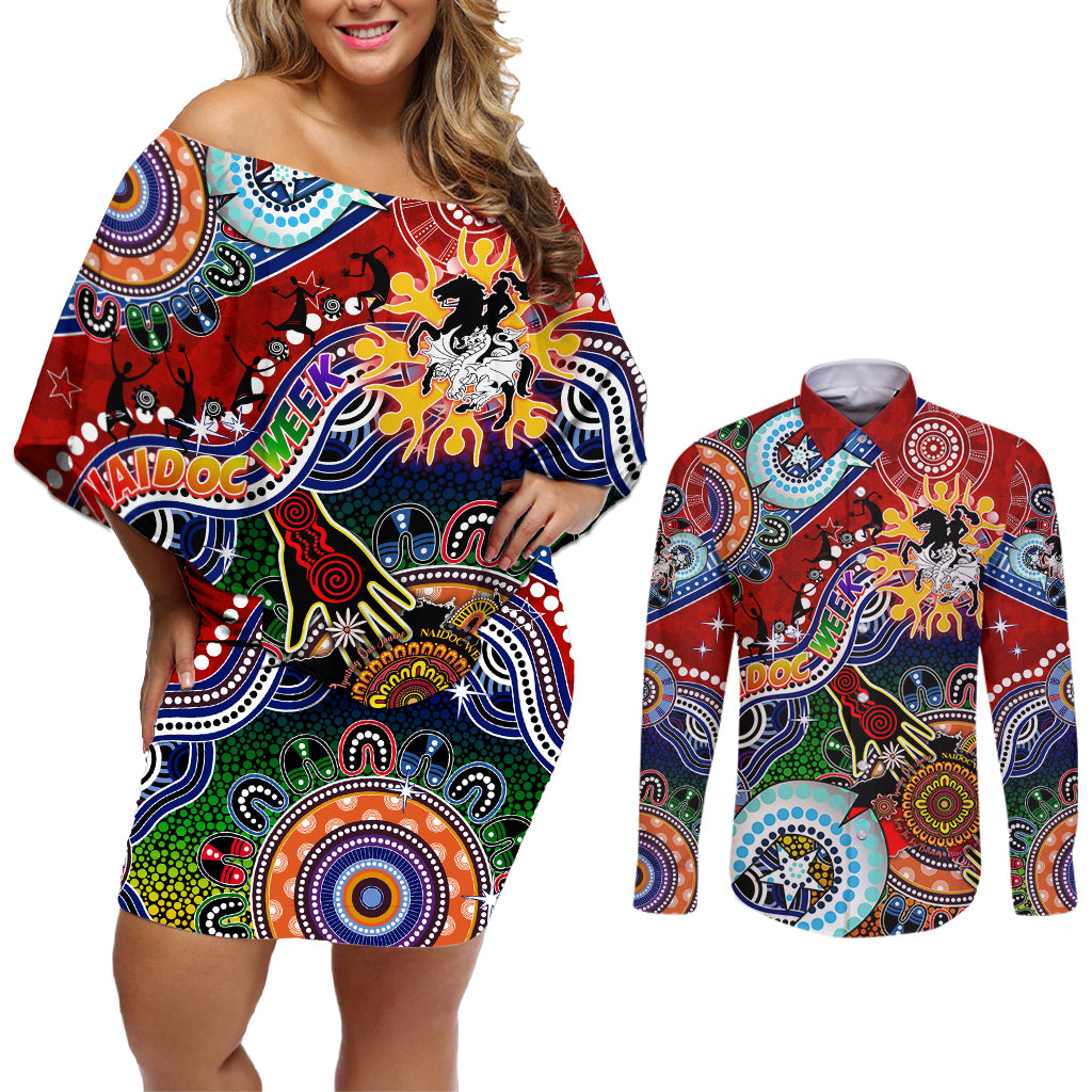 Personalised Dragons NAIDOC Week 2024 Couples Matching Off Shoulder Short Dress and Long Sleeve Button Shirt Australia Aboriginal Dot Painting