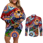 Personalised Dragons NAIDOC Week 2024 Couples Matching Off Shoulder Short Dress and Long Sleeve Button Shirt Australia Aboriginal Dot Painting