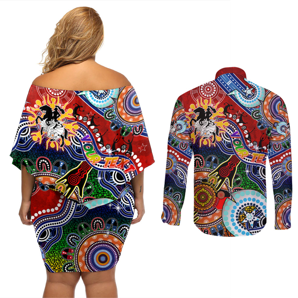 Personalised Dragons NAIDOC Week 2024 Couples Matching Off Shoulder Short Dress and Long Sleeve Button Shirt Australia Aboriginal Dot Painting