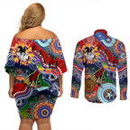 Personalised Dragons NAIDOC Week 2024 Couples Matching Off Shoulder Short Dress and Long Sleeve Button Shirt Australia Aboriginal Dot Painting