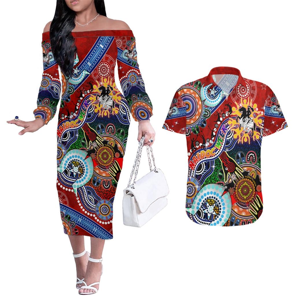 Personalised Dragons NAIDOC Week 2024 Couples Matching Off The Shoulder Long Sleeve Dress and Hawaiian Shirt Australia Aboriginal Dot Painting