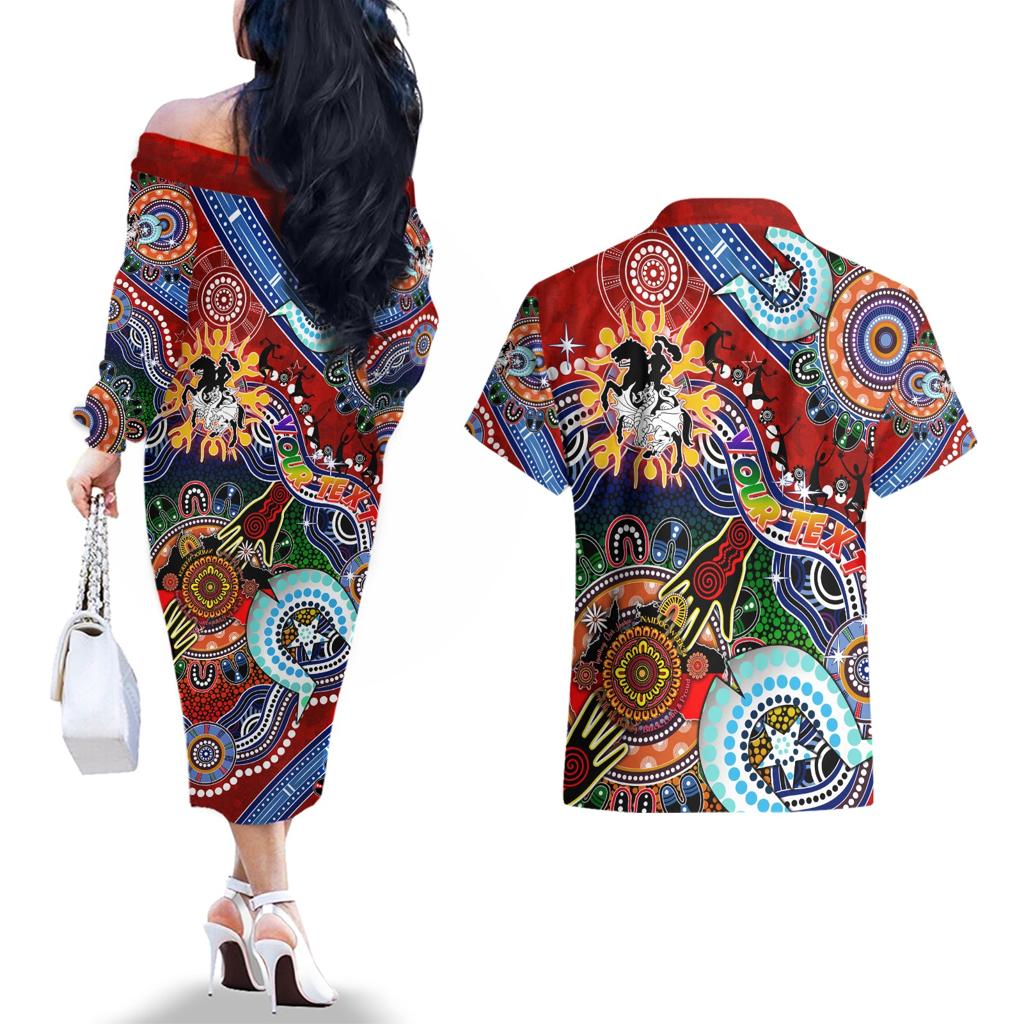 Personalised Dragons NAIDOC Week 2024 Couples Matching Off The Shoulder Long Sleeve Dress and Hawaiian Shirt Australia Aboriginal Dot Painting
