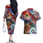 Personalised Dragons NAIDOC Week 2024 Couples Matching Off The Shoulder Long Sleeve Dress and Hawaiian Shirt Australia Aboriginal Dot Painting