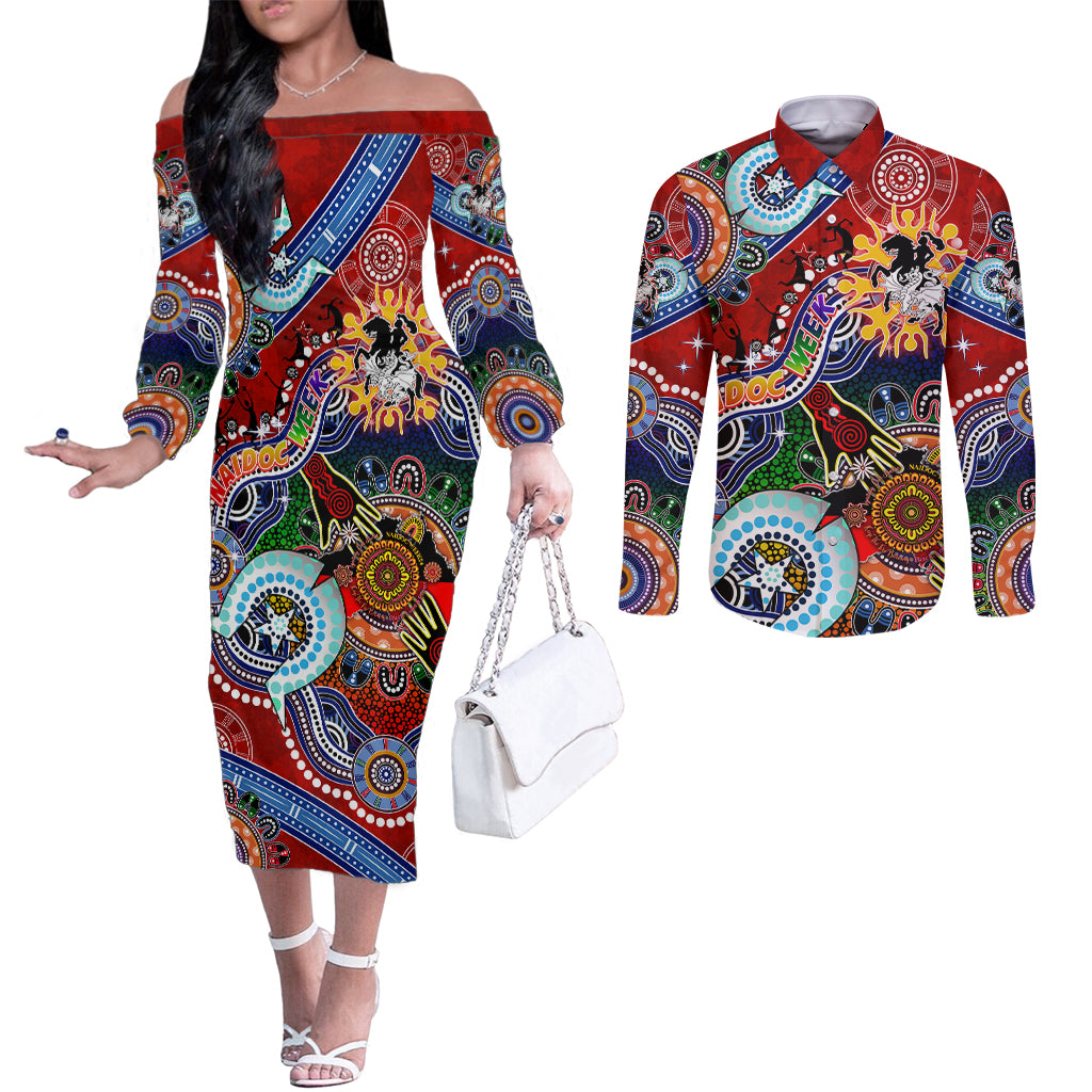 Personalised Dragons NAIDOC Week 2024 Couples Matching Off The Shoulder Long Sleeve Dress and Long Sleeve Button Shirt Australia Aboriginal Dot Painting