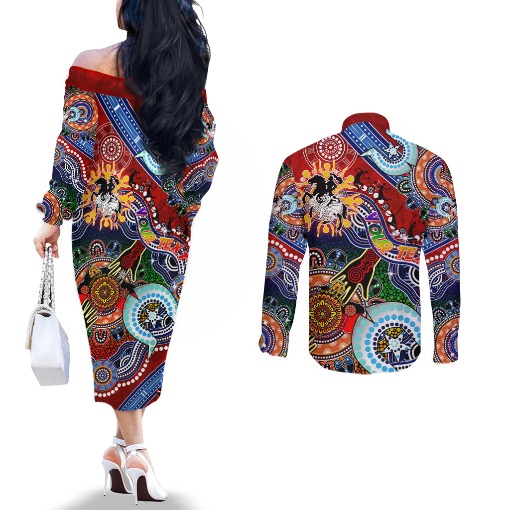 Personalised Dragons NAIDOC Week 2024 Couples Matching Off The Shoulder Long Sleeve Dress and Long Sleeve Button Shirt Australia Aboriginal Dot Painting