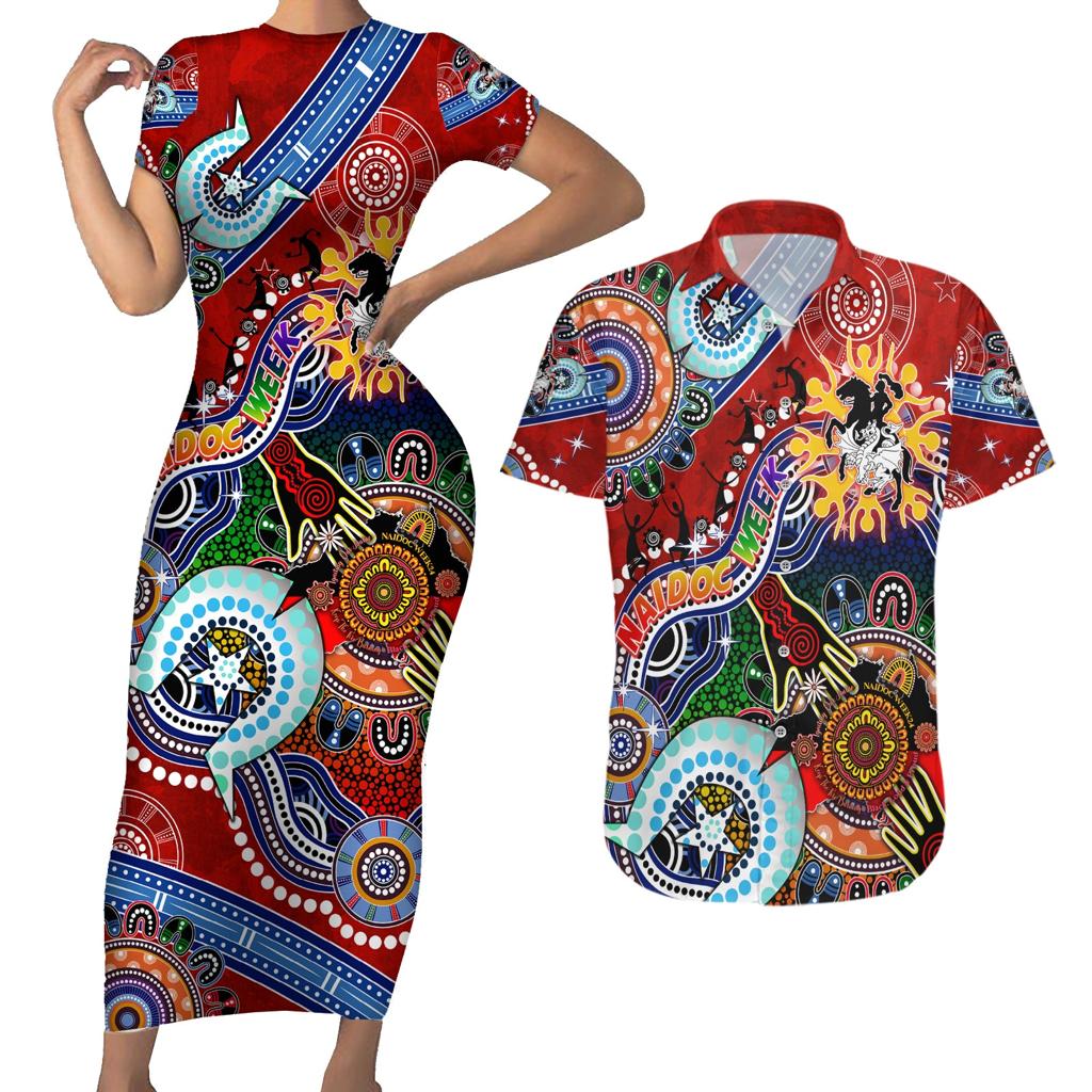 Personalised Dragons NAIDOC Week 2024 Couples Matching Short Sleeve Bodycon Dress and Hawaiian Shirt Australia Aboriginal Dot Painting