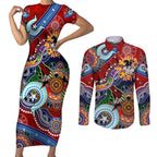 Personalised Dragons NAIDOC Week 2024 Couples Matching Short Sleeve Bodycon Dress and Long Sleeve Button Shirt Australia Aboriginal Dot Painting