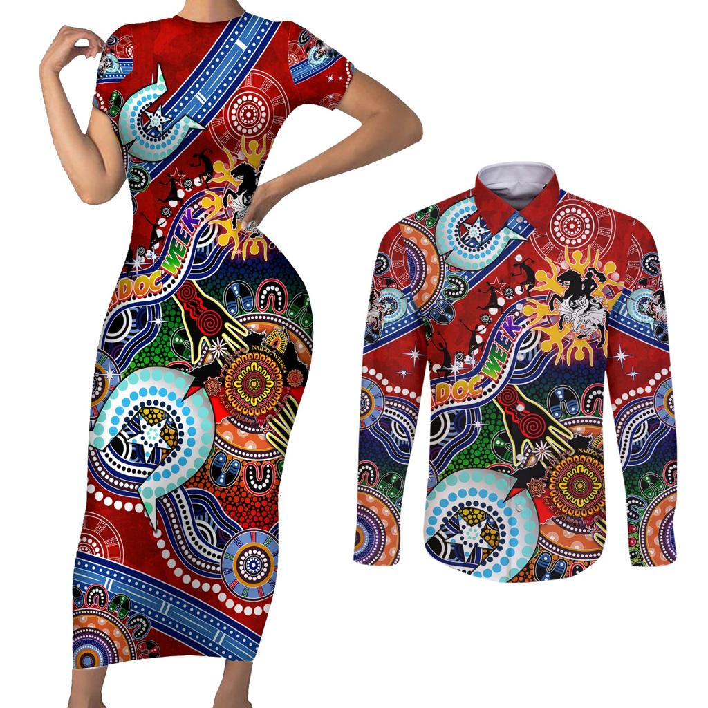 Personalised Dragons NAIDOC Week 2024 Couples Matching Short Sleeve Bodycon Dress and Long Sleeve Button Shirt Australia Aboriginal Dot Painting