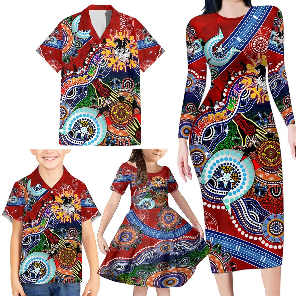 Personalised Dragons NAIDOC Week 2024 Family Matching Long Sleeve Bodycon Dress and Hawaiian Shirt Australia Aboriginal Dot Painting