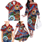 Personalised Dragons NAIDOC Week 2024 Family Matching Off The Shoulder Long Sleeve Dress and Hawaiian Shirt Australia Aboriginal Dot Painting