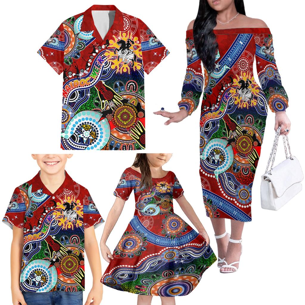 Personalised Dragons NAIDOC Week 2024 Family Matching Off The Shoulder Long Sleeve Dress and Hawaiian Shirt Australia Aboriginal Dot Painting