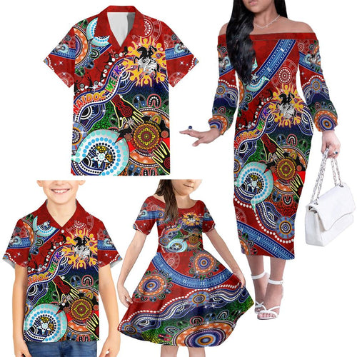 Personalised Dragons NAIDOC Week 2024 Family Matching Off The Shoulder Long Sleeve Dress and Hawaiian Shirt Australia Aboriginal Dot Painting