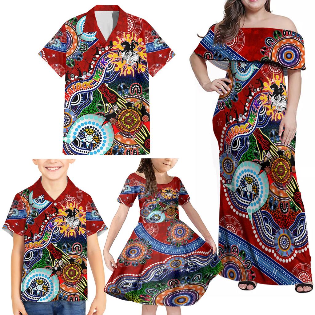 Personalised Dragons NAIDOC Week 2024 Family Matching Off Shoulder Maxi Dress and Hawaiian Shirt Australia Aboriginal Dot Painting