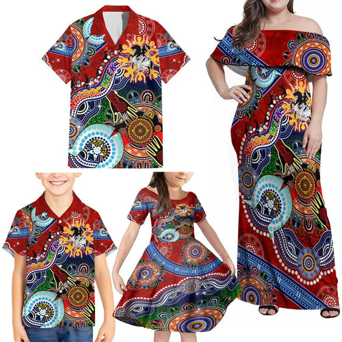 Personalised Dragons NAIDOC Week 2024 Family Matching Off Shoulder Maxi Dress and Hawaiian Shirt Australia Aboriginal Dot Painting