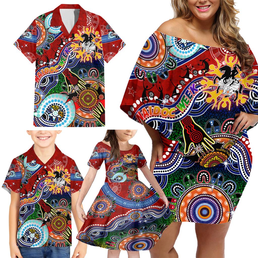 Personalised Dragons NAIDOC Week 2024 Family Matching Off Shoulder Short Dress and Hawaiian Shirt Australia Aboriginal Dot Painting