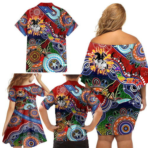 Personalised Dragons NAIDOC Week 2024 Family Matching Off Shoulder Short Dress and Hawaiian Shirt Australia Aboriginal Dot Painting