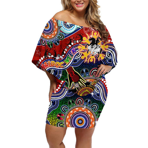 Personalised Dragons NAIDOC Week 2024 Family Matching Off Shoulder Short Dress and Hawaiian Shirt Australia Aboriginal Dot Painting