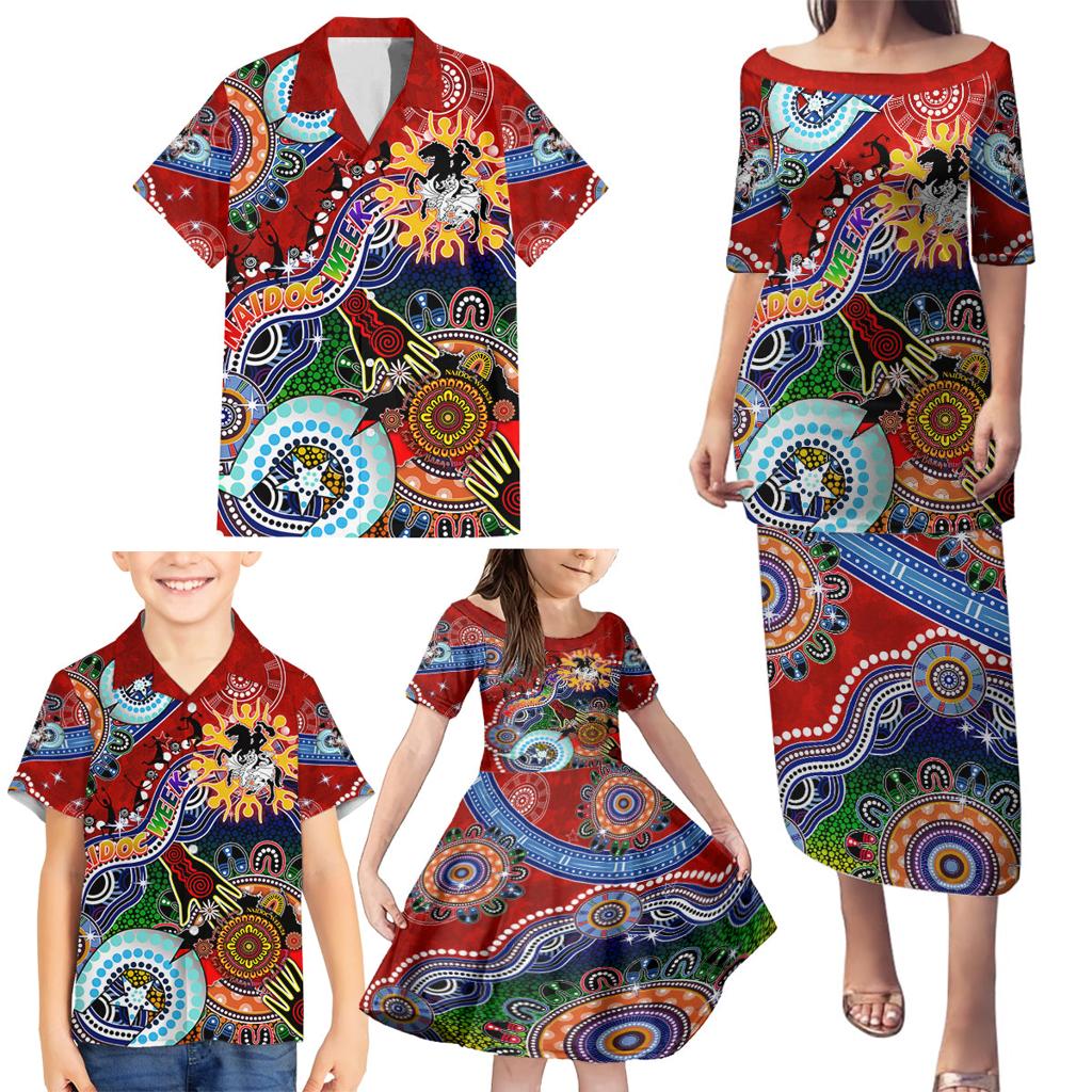 Personalised Dragons NAIDOC Week 2024 Family Matching Puletasi and Hawaiian Shirt Australia Aboriginal Dot Painting