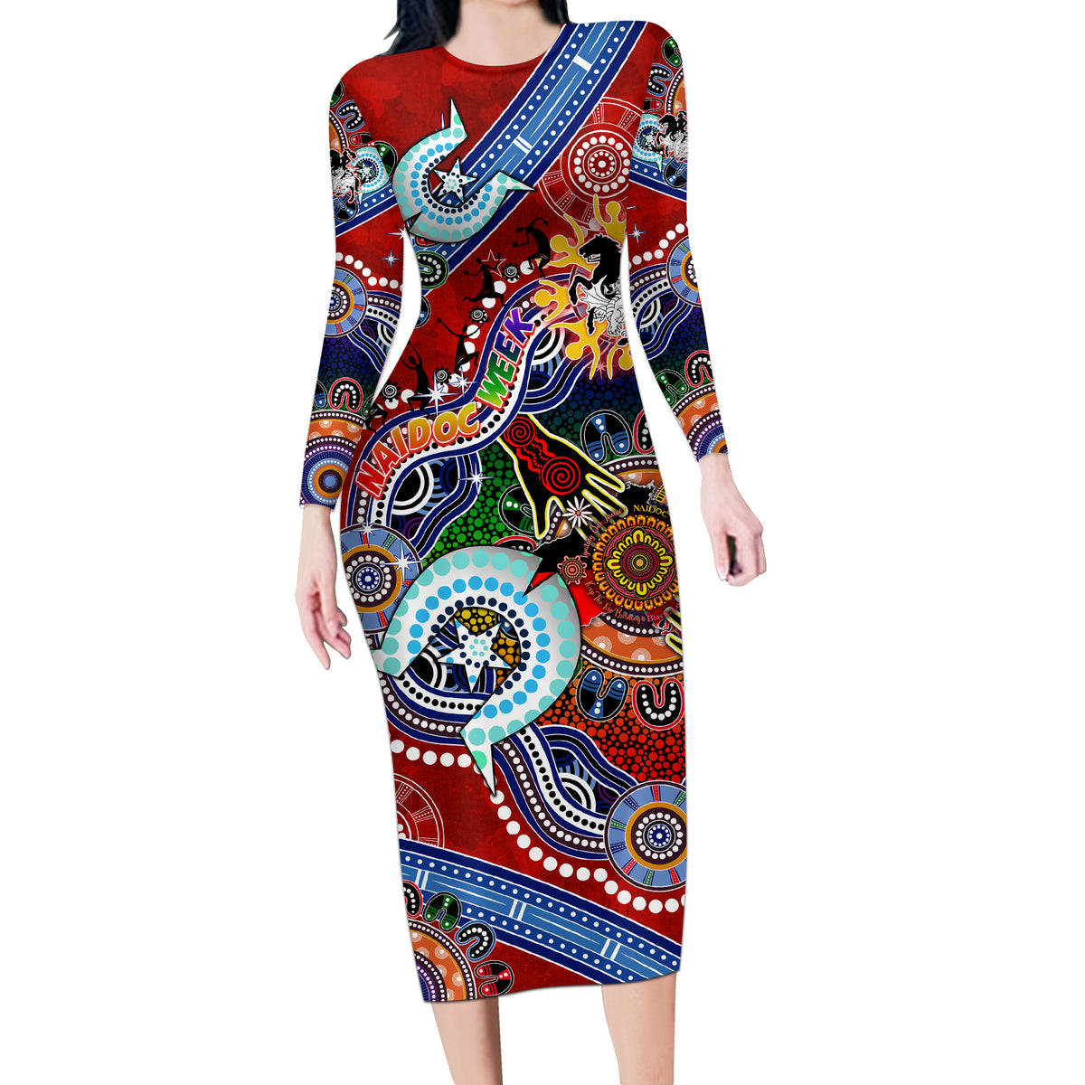 Personalised Dragons NAIDOC Week 2024 Long Sleeve Bodycon Dress Australia Aboriginal Dot Painting