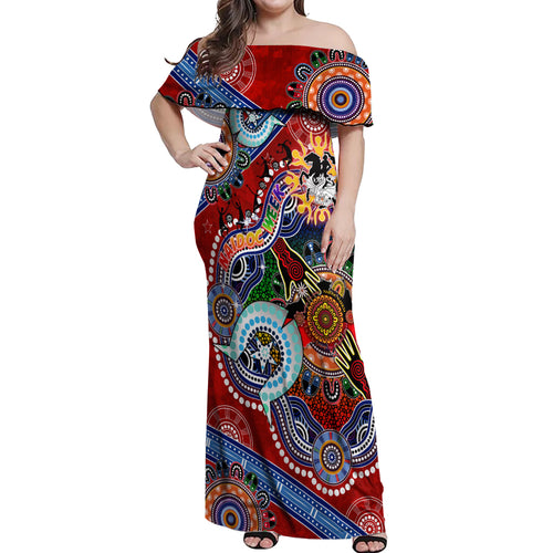 Personalised Dragons NAIDOC Week 2024 Off Shoulder Maxi Dress Australia Aboriginal Dot Painting