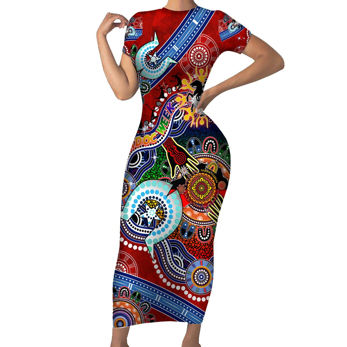 Personalised Dragons NAIDOC Week 2024 Short Sleeve Bodycon Dress Australia Aboriginal Dot Painting