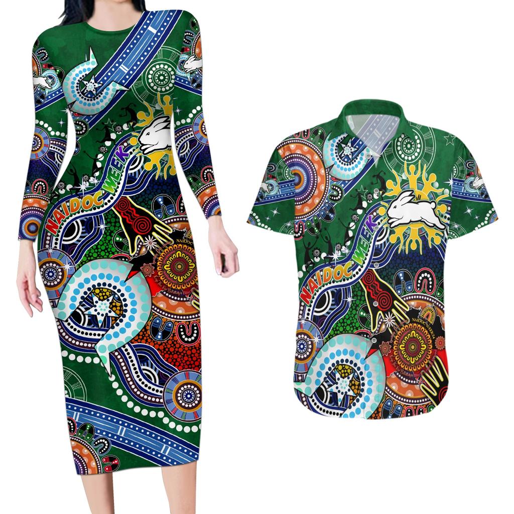 Personalised Rabbitohs NAIDOC Week 2024 Couples Matching Long Sleeve Bodycon Dress and Hawaiian Shirt Australia Aboriginal Dot Painting