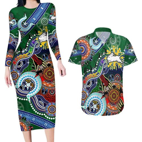 Personalised Rabbitohs NAIDOC Week 2024 Couples Matching Long Sleeve Bodycon Dress and Hawaiian Shirt Australia Aboriginal Dot Painting