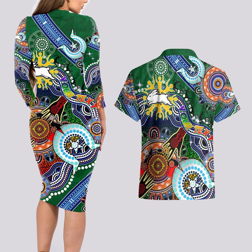 Personalised Rabbitohs NAIDOC Week 2024 Couples Matching Long Sleeve Bodycon Dress and Hawaiian Shirt Australia Aboriginal Dot Painting
