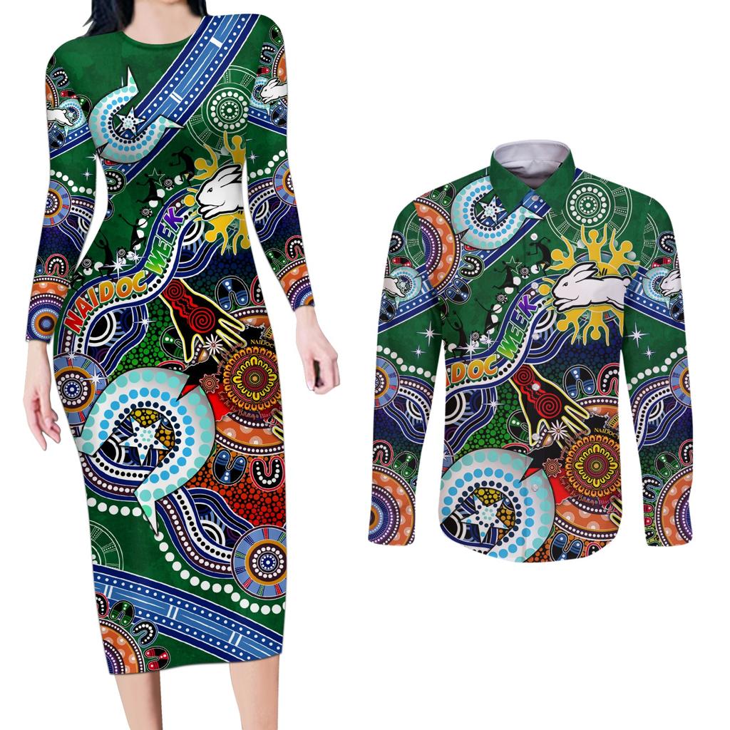 Personalised Rabbitohs NAIDOC Week 2024 Couples Matching Long Sleeve Bodycon Dress and Long Sleeve Button Shirt Australia Aboriginal Dot Painting