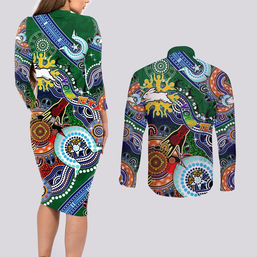 Personalised Rabbitohs NAIDOC Week 2024 Couples Matching Long Sleeve Bodycon Dress and Long Sleeve Button Shirt Australia Aboriginal Dot Painting