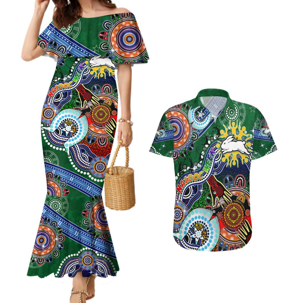Personalised Rabbitohs NAIDOC Week 2024 Couples Matching Mermaid Dress and Hawaiian Shirt Australia Aboriginal Dot Painting