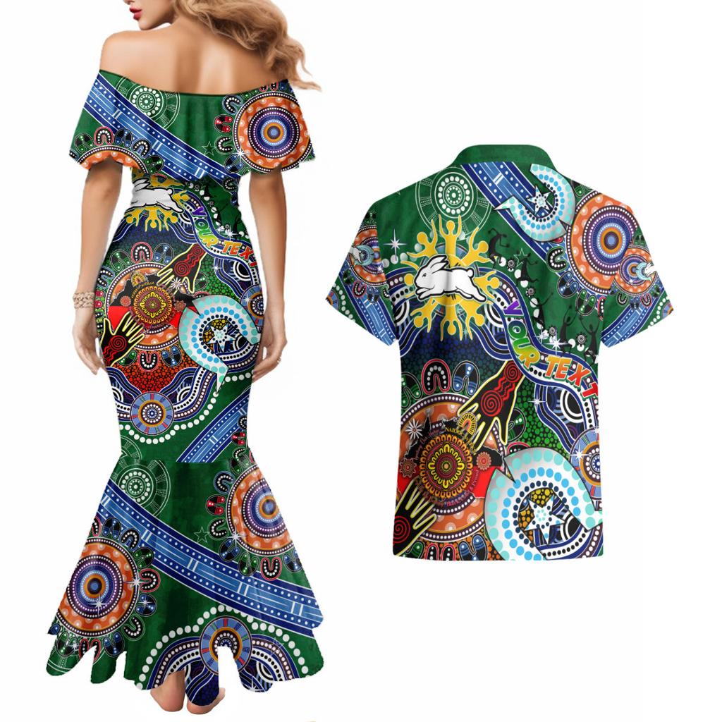 Personalised Rabbitohs NAIDOC Week 2024 Couples Matching Mermaid Dress and Hawaiian Shirt Australia Aboriginal Dot Painting