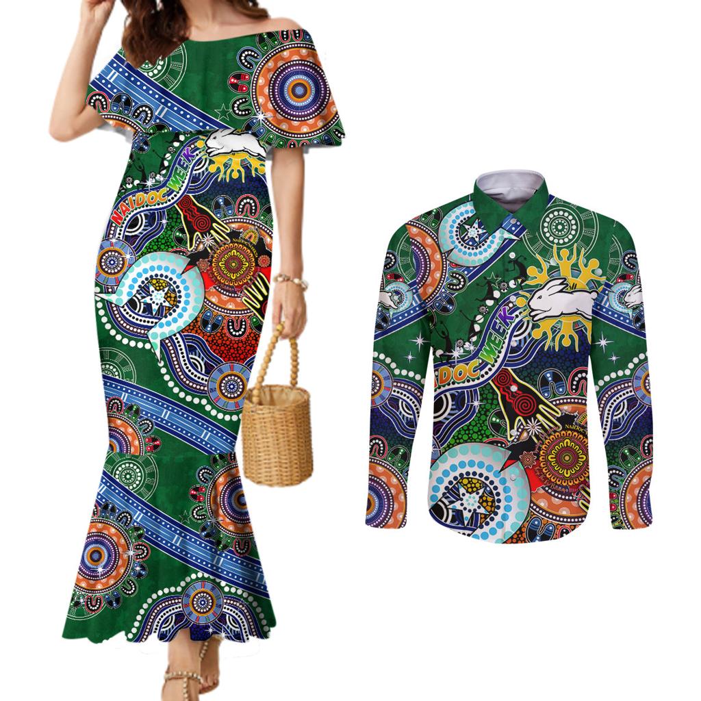 Personalised Rabbitohs NAIDOC Week 2024 Couples Matching Mermaid Dress and Long Sleeve Button Shirt Australia Aboriginal Dot Painting